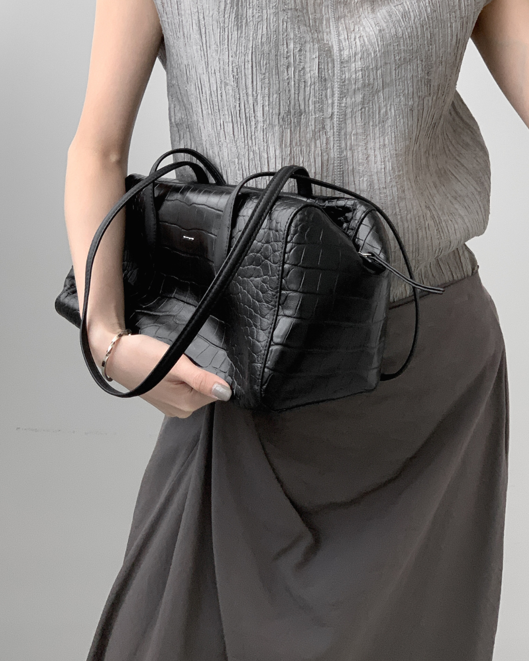 Croc-effect Cowhide Shoulder Bag