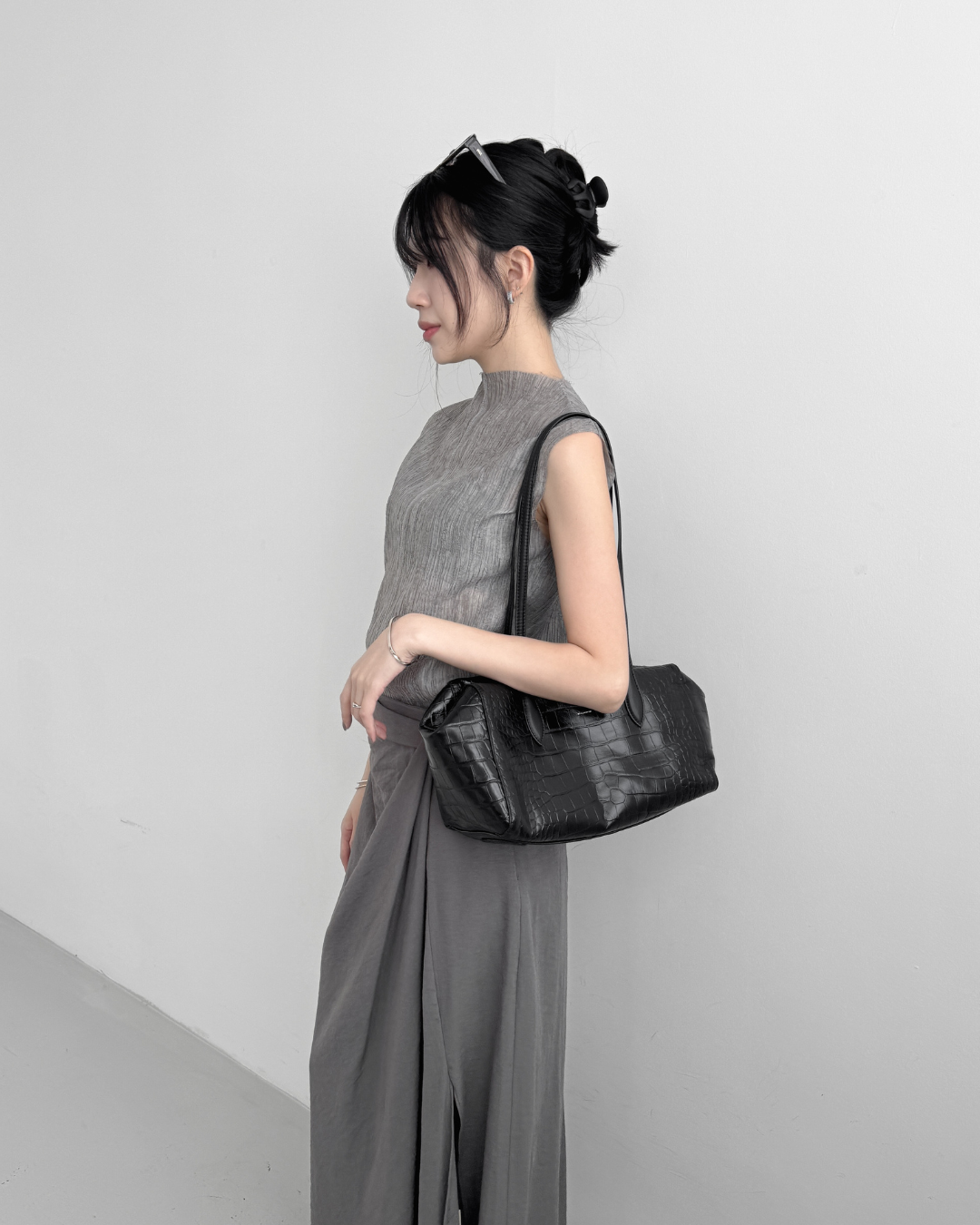 Croc-effect Cowhide Shoulder Bag