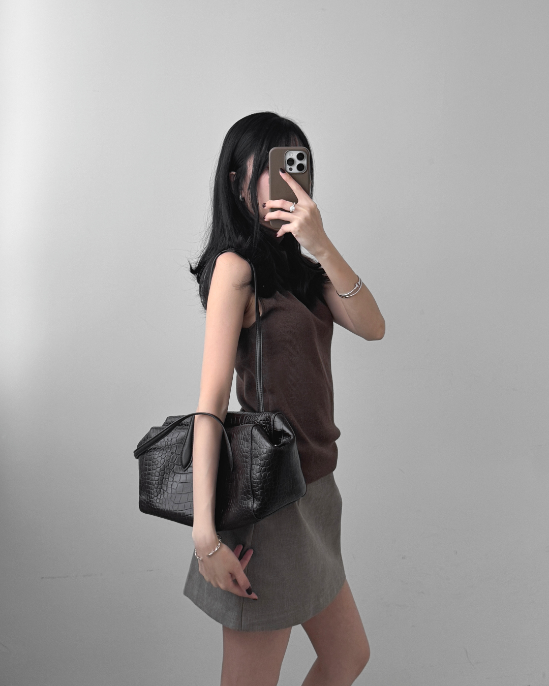 Croc-effect Cowhide Shoulder Bag