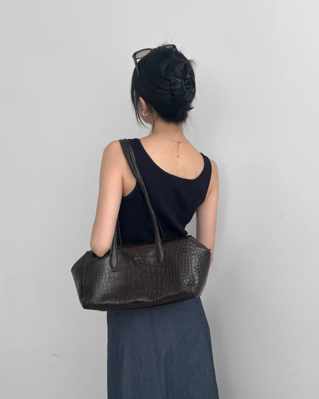 Croc-effect Cowhide Shoulder Bag